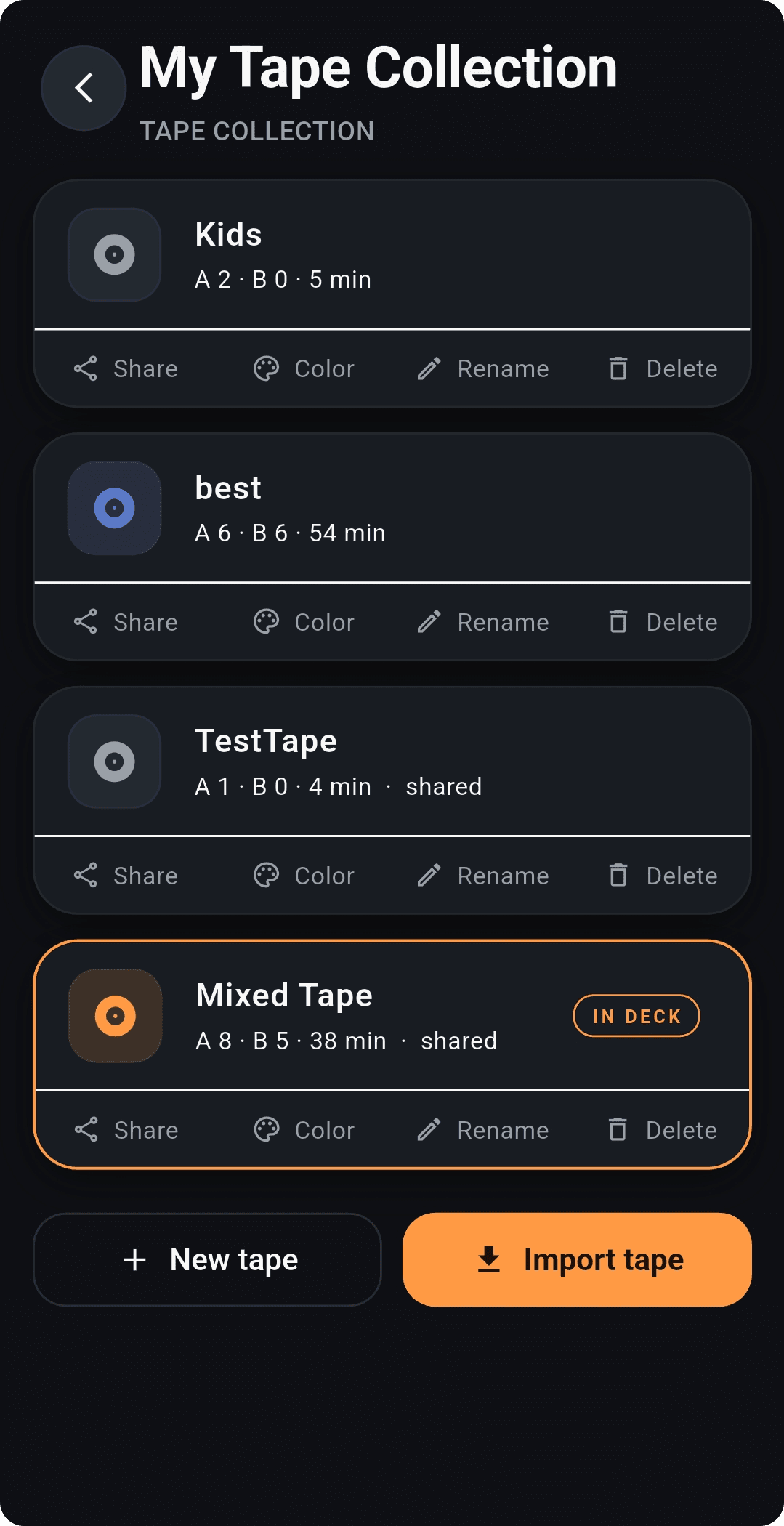 Cassette Music Player tape collection screen — tapes listed by shell color