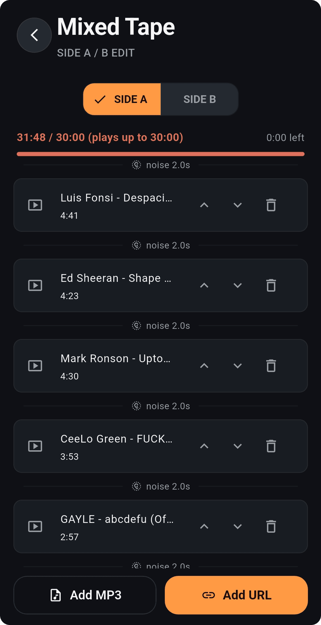 Cassette Music Player tape editor screen — Side A/B 30-minute limit and Add MP3/URL