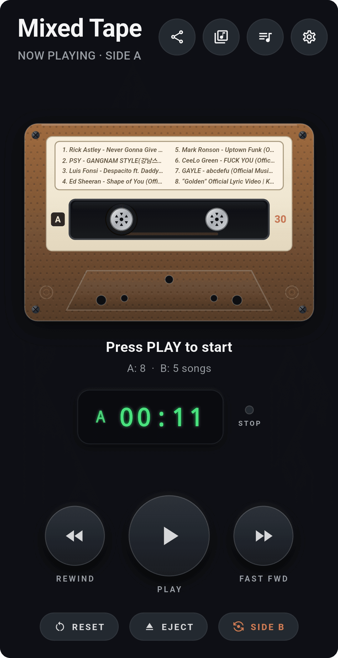 Cassette Music Player Mixed Tape playback screen — Side A tracklist and controls