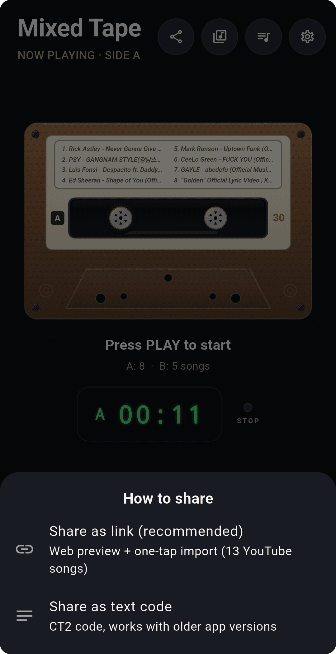 Cassette Music Player share screen — share as link or text code