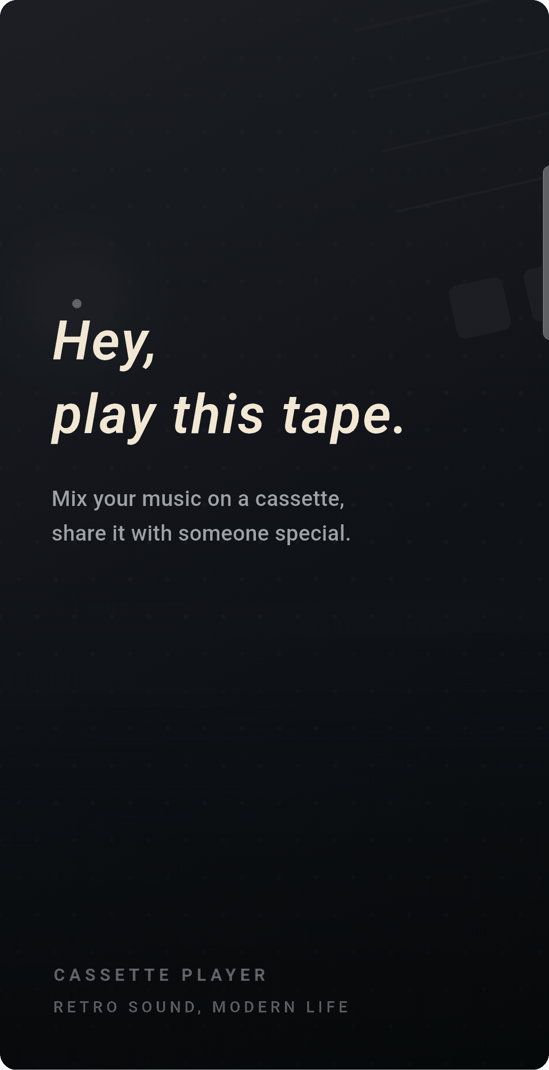Cassette Music Player intro screen with the new dark theme
