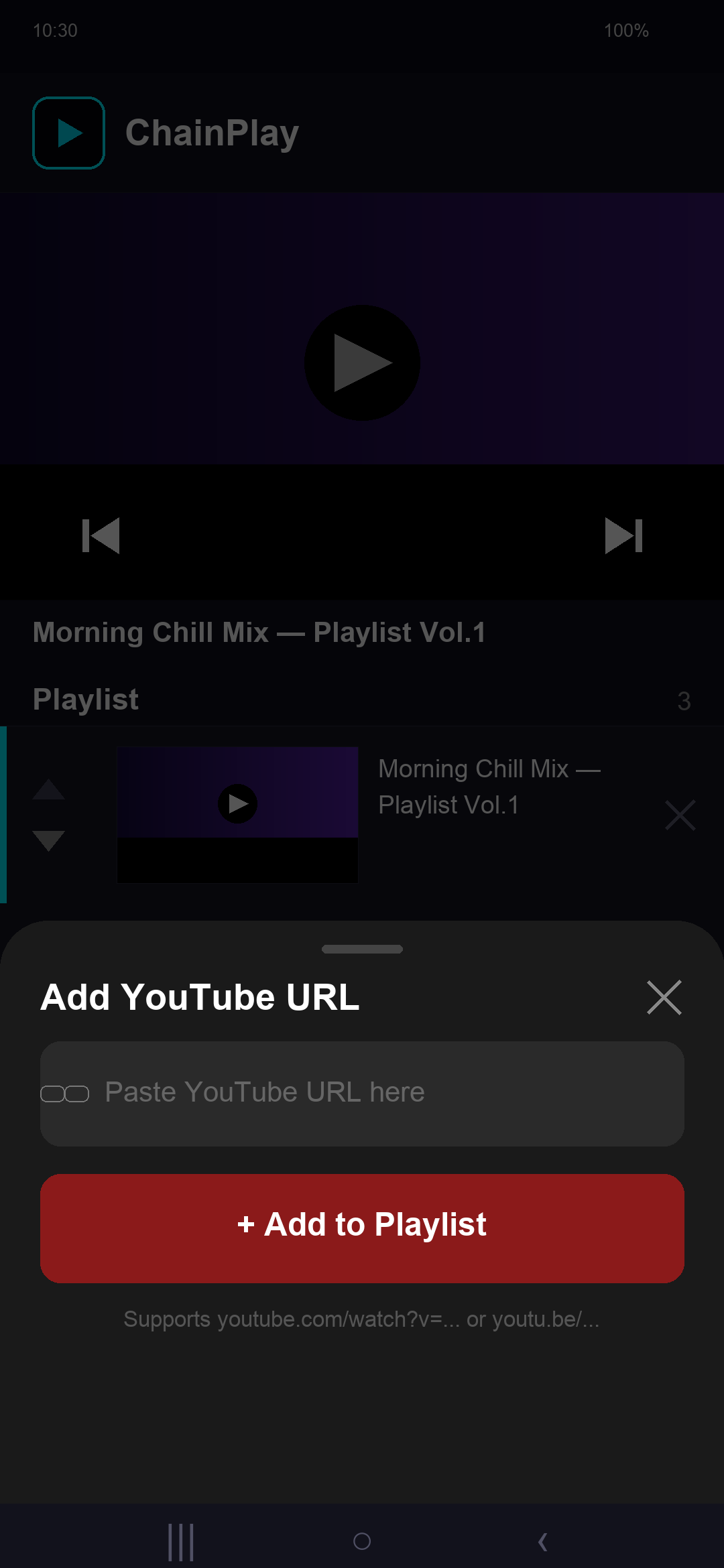 ChainPlay add URL screen in English