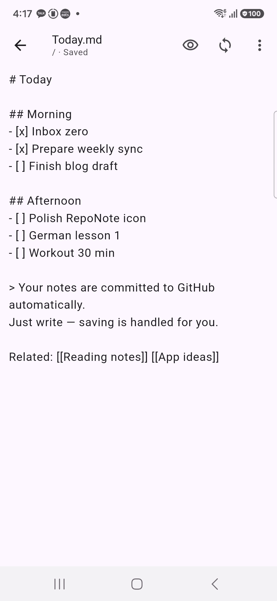RepoNote markdown editor with save status