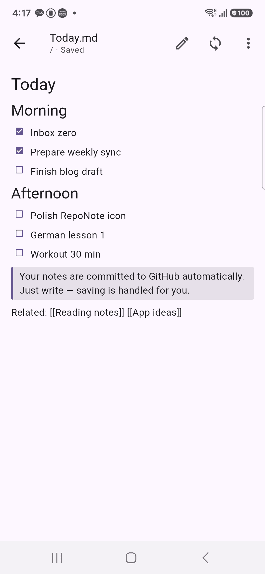 RepoNote markdown preview rendering checklists