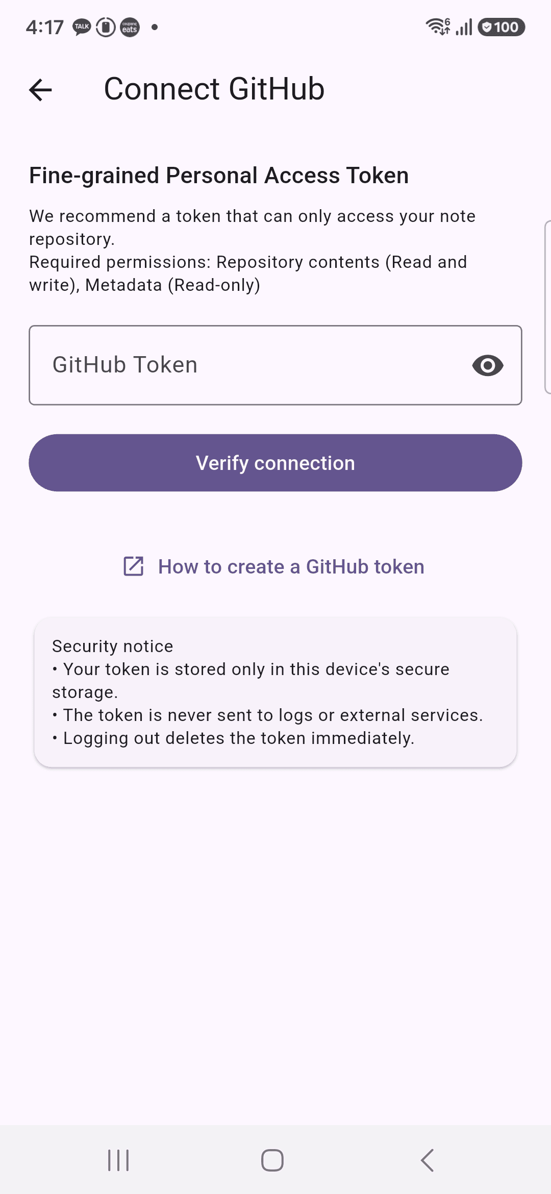 RepoNote GitHub connection screen with fine-grained token guide